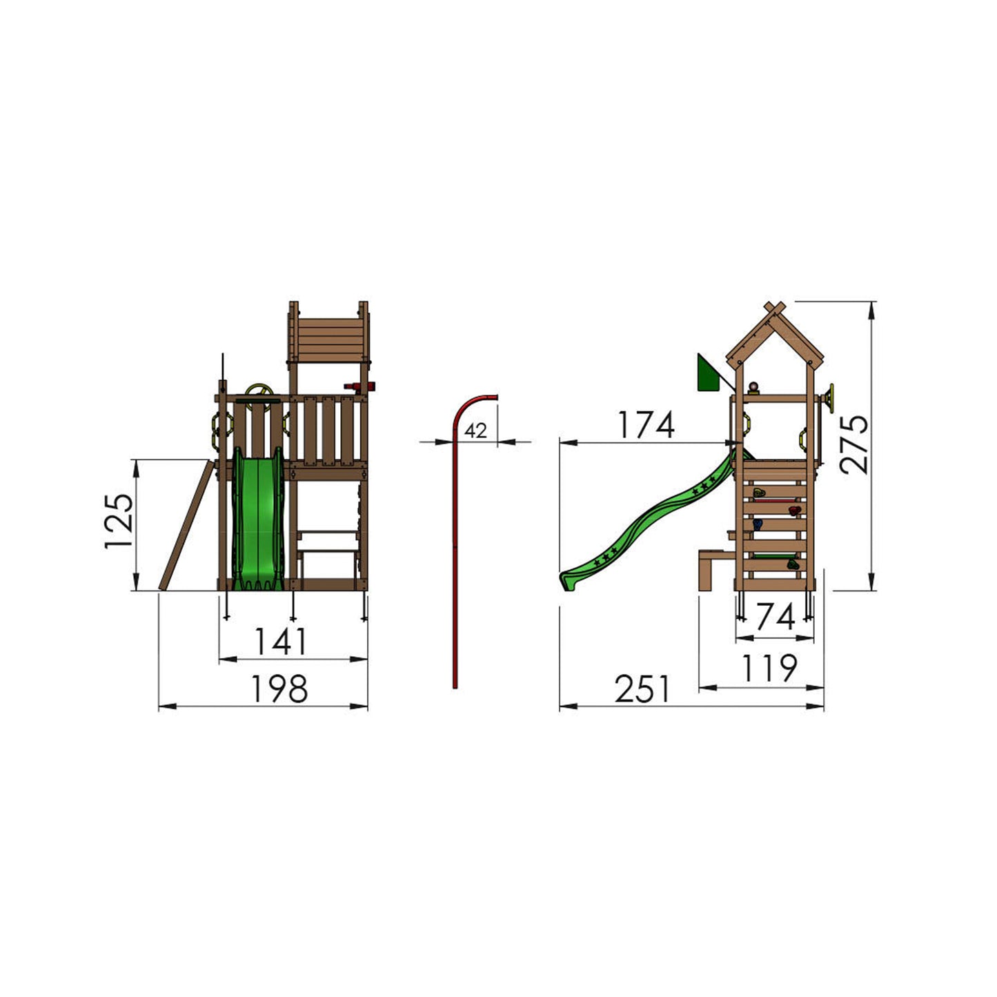 Leikkitorni Jungle Gym Teepee, vihreä liukumäki