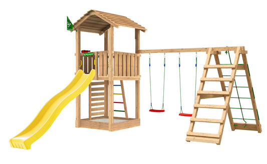 Leikkitorni Jungle Gym Cottage 2.1 ja 2-Climb Module 220 ja keltainen liukumäki