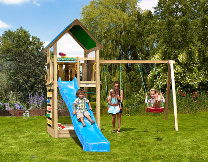 Leikkitorni Jungle Gym Lodge 2.1 ja Swing Module sekä sininen liukumäki