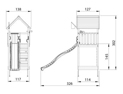 Leikkitorni Jungle Gym Cabin 2.1 ja sininen liukumäki ja 120 kg hiekkaa