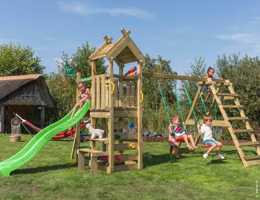 Leikkitorni Jungle Gym Teepee, 2-Climb Module 200 ja vihreä liukumäki
