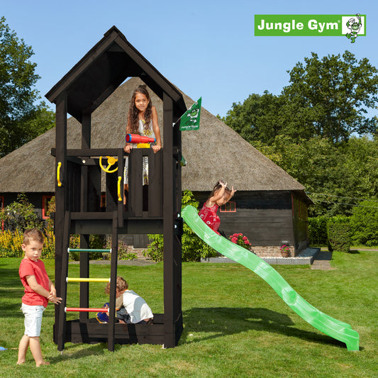 Leikkitornikokonaisuus Jungle Gym Club 2.1, mustaksi petsattu, vihreä liukumäen
