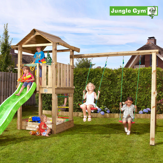 Leikkitornikokonaisuus Jungle Gym House 2.1 ja 2-Swing Module 220 ja vihreä liukumäki
