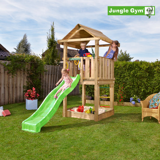 Leikkitornikokonaisuus Jungle Gym House 2.1 ja vihreä liukumäki