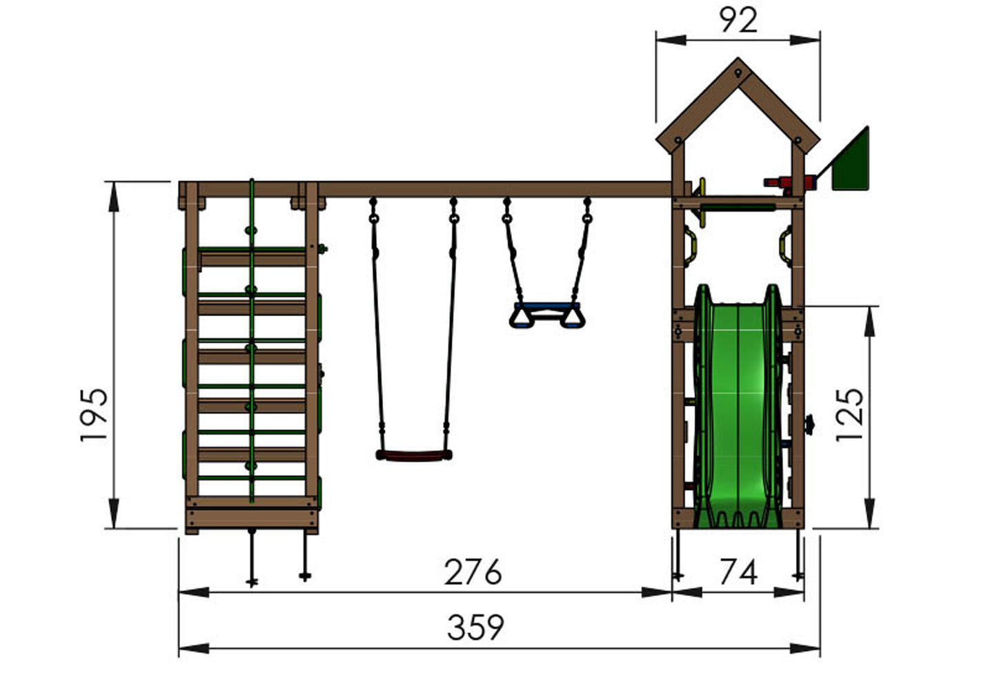 Leikkitornikokonaisuus Jungle Gym Patio 2-Climb Module 200 ja vihreä liukumäki