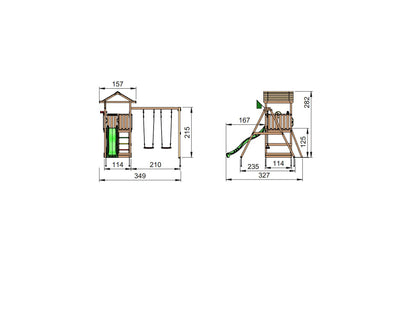 Leikkitornikokonaisuus Jungle Gym House 2.1 ja 2-Swing Module 220 ja vihreä liukumäki
