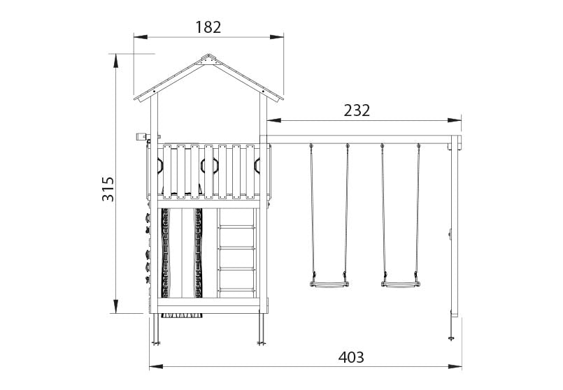 Leikkitorni Jungle Gym Chalet 2.1 ja 2-Swing Module 220, vihreä liukumäki ja 120 kg hiekkaa