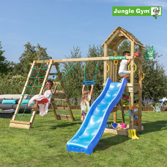 Leikkitornikokonaisuus Jungle Gym Cocoon 2-Climb Module 200 ja sininen liukumäki