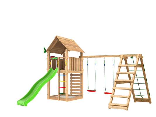 Leikkitorni Jungle Gym Cabin 2.1 ja 2-Climb Module 220, vihreä liukumäki ja 120 kg hiekkaa