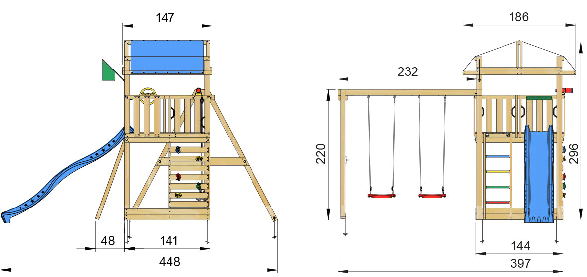 Leikkitorni Jungle Gym Fort 2.1 ja Swing Module sekä sininen liukumäki