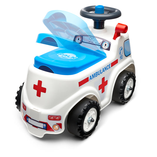 Ambulanssi ride-on säilytystilalla, ratti ja äänitorvi FALK