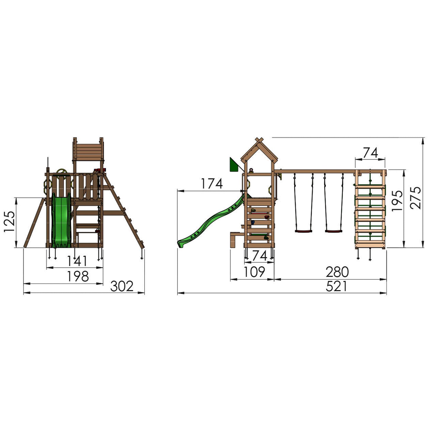 Leikkitorni Jungle Gym Teepee, 2-Climb Module 200 ja keltainen liukumäki