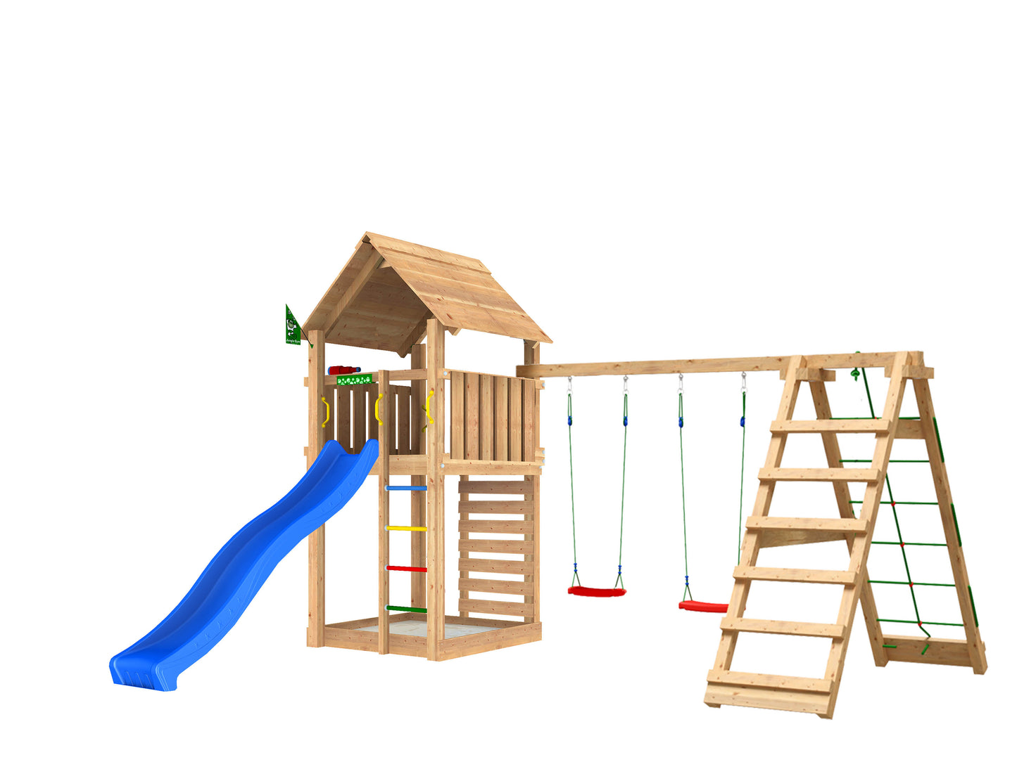 Leikkitorni Jungle Gym Cabin 2.1 ja 2-Climb Module 220, sininen liukumäki ja 120 kg hiekkaa