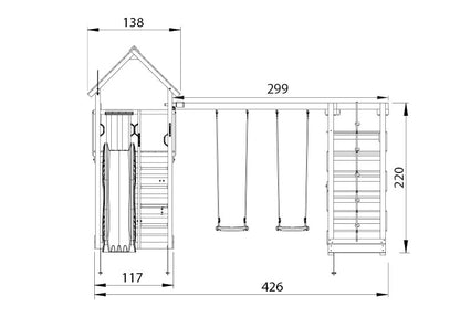 Leikkitorni Jungle Gym Cabin 2.1 ja 2-Climb Module 220, vihreä liukumäki ja 120 kg hiekkaa