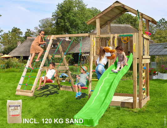 Leikkitorni Jungle Gym Chalet 2.1 ja 2-Climb Module 220, vihreä liukumäki ja 120 kg hiekkaa