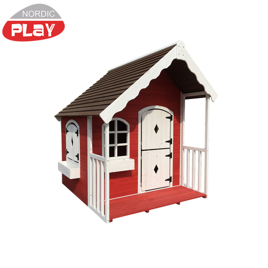 Leikkimökki verannalla, punainen/valkoinen NORDIC PLAY