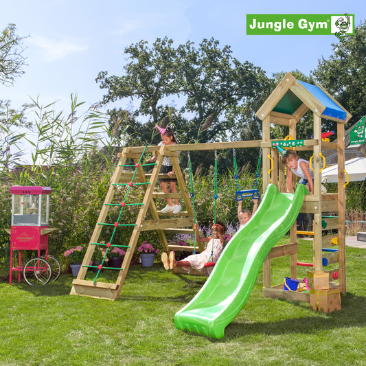 Leikkitornikokonaisuus Jungle Gym Patio 2-Climb Module 200 ja vihreä liukumäki