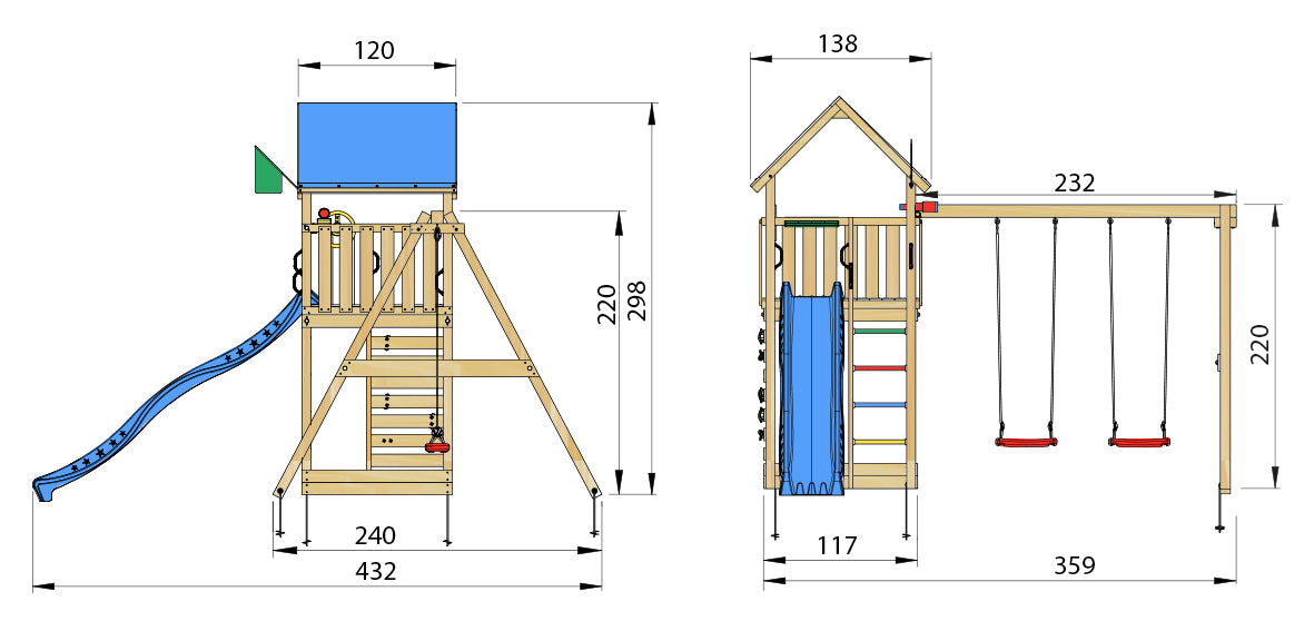 Leikkitorni Jungle Gym Lodge 2.1 ja Swing Module sekä sininen liukumäki