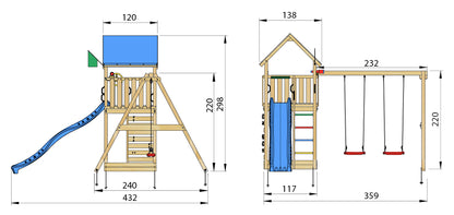 Leikkitorni Jungle Gym Lodge 2.1 ja Swing Module sekä sininen liukumäki