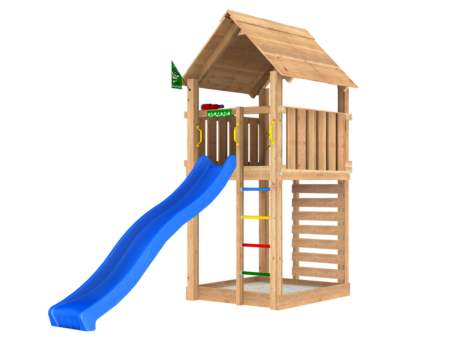 Leikkitorni Jungle Gym Cabin 2.1 ja sininen liukumäki ja 120 kg hiekkaa