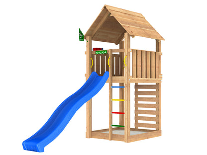 Leikkitorni Jungle Gym Cabin 2.1 ja sininen liukumäki ja 120 kg hiekkaa