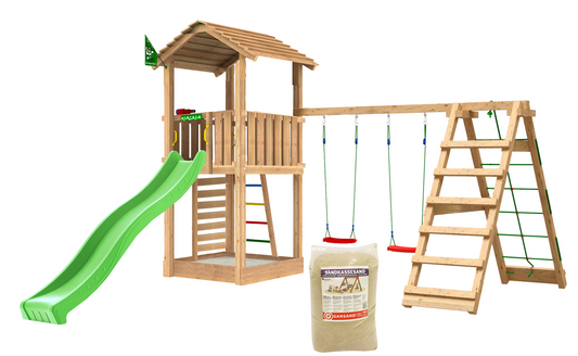 Leikkitorni Jungle Gym Cottage 2.1, ja 2-Climb Module 220, vihreä liukumäki ja 120 kg hiekkaa