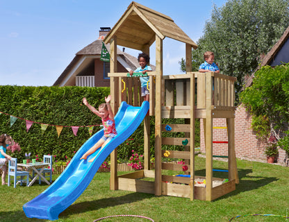 Leikkitorni Jungle Gym Mansion 2.1, sininen liukumäki ja 120 kg hiekkaa