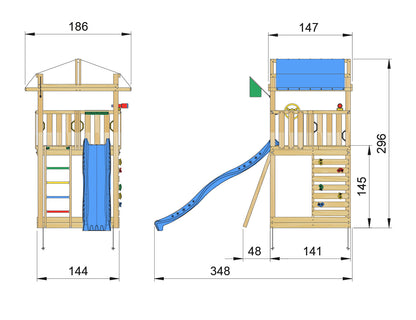 Leikkitorni Jungle Gym Fort 2.1 ja sininen liukumäki