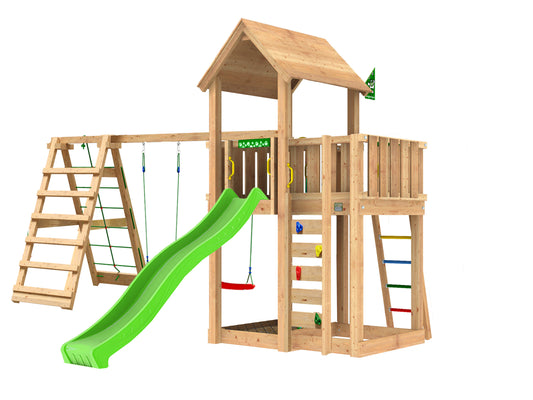Leikkitorni Jungle Gym Mansion 2.1 ja 2-Climb Module 220, vihreä liukumäki ja 120 kg hiekkaa