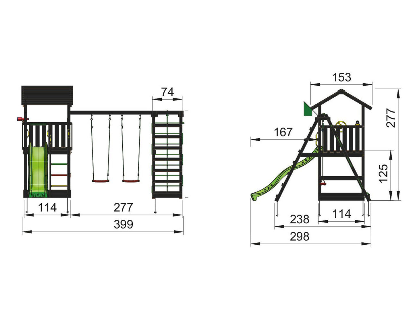 Leikkitornikokonaisuus Jungle Gym Casa 2.1, mustaksi petsattu, ja 2-Climb Module 220 ja tummanvihreä liukumäki