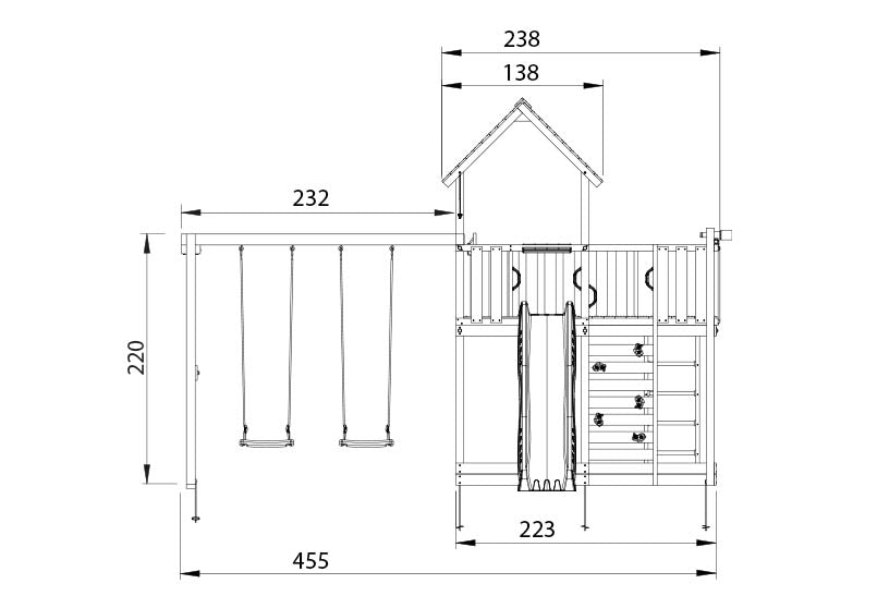 Leikkitorni Jungle Gym Mansion 2.1 ja 2-Swing Module 220, sininen liukumäki ja 120 kg hiekkaa