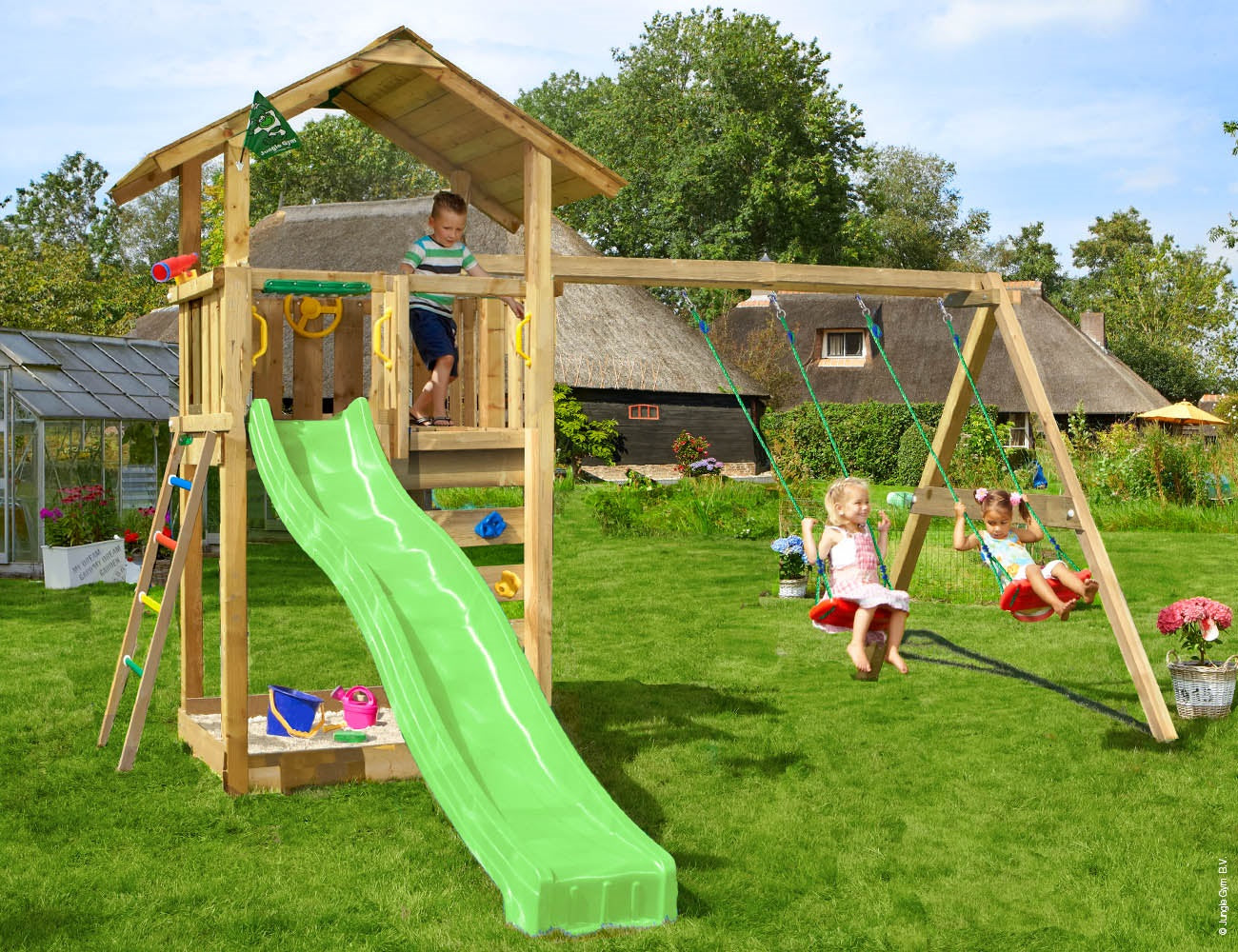 Leikkitorni Jungle Gym Sierra 2.1 ja 2-Swing Module 220 ja vihreä liukumäki