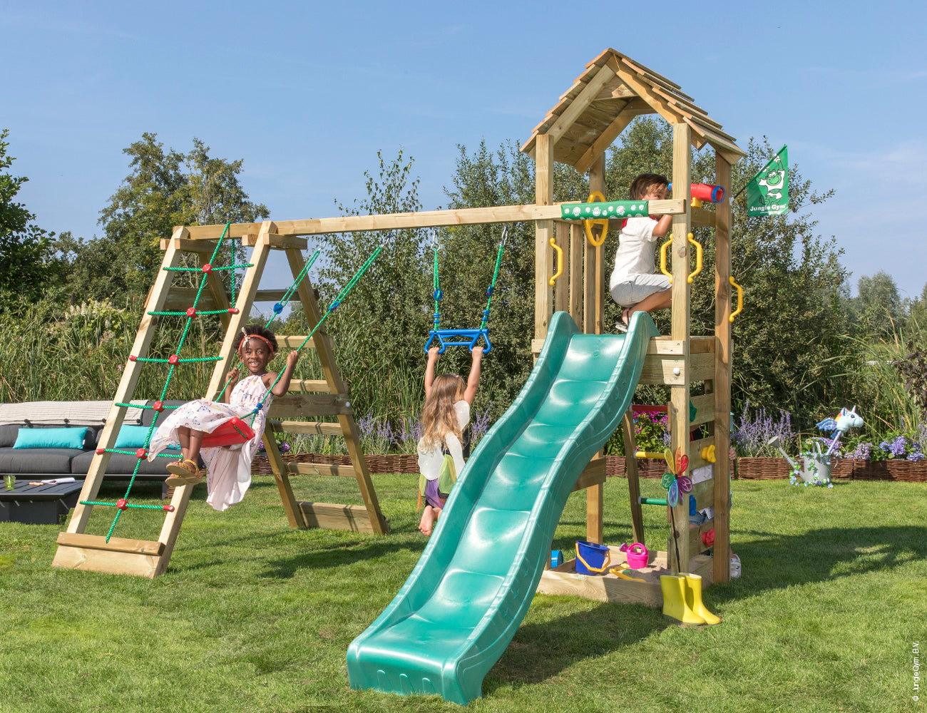 Leikkitornikokonaisuus Jungle Gym Cocoon 2-Climb Module 200 ja tummanvihreä liukumäki
