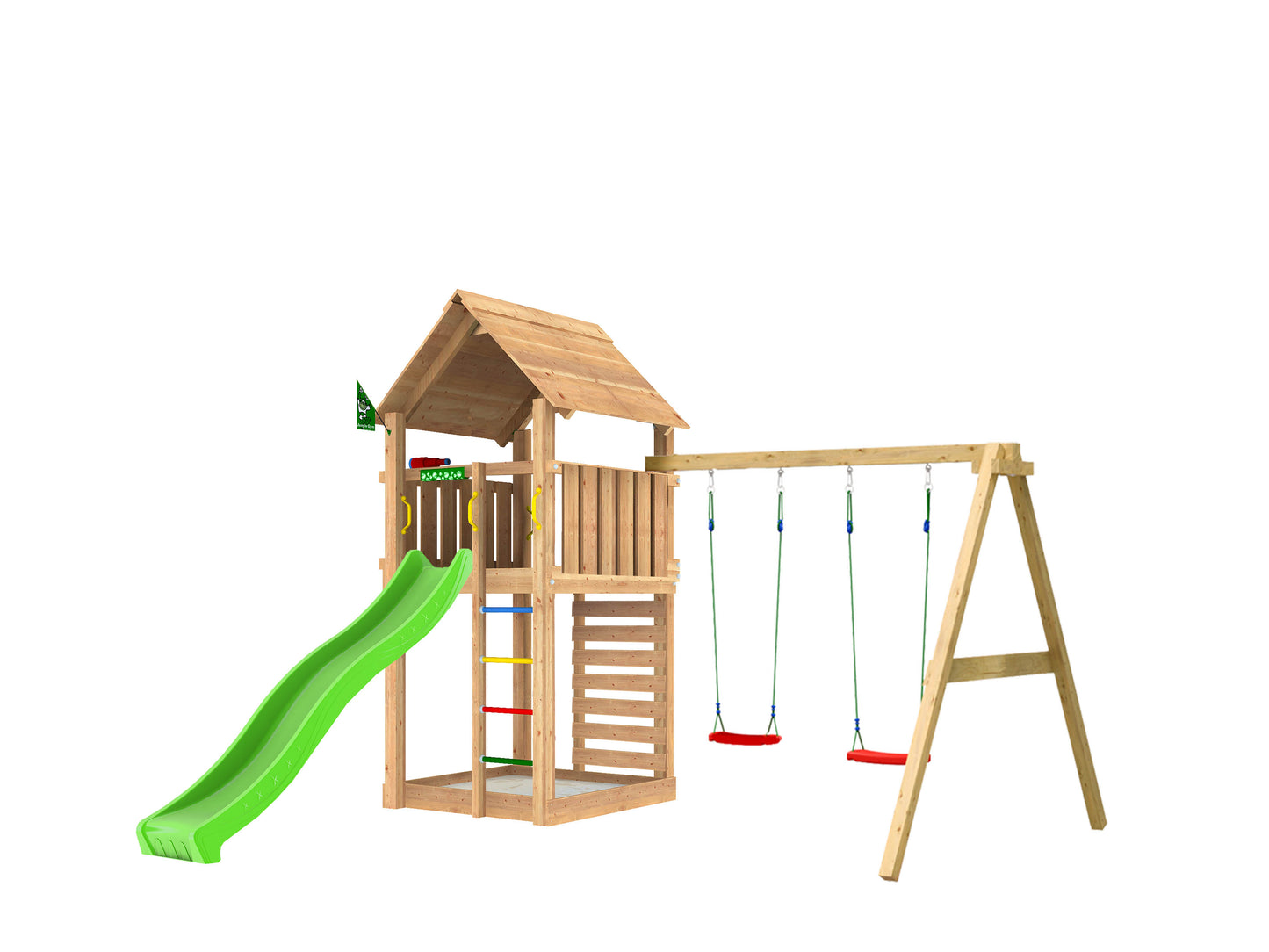 Leikkitorni Jungle Gym Cabin 2.1 ja 2-Swing Module 220, vihreä liukumäki ja 120 kg hiekkaa