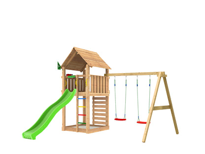 Leikkitorni Jungle Gym Cabin 2.1 ja 2-Swing Module 220, vihreä liukumäki ja 120 kg hiekkaa