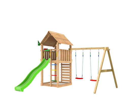 Leikkitorni Jungle Gym Cabin 2.1 ja 2-Swing Module 220, vihreä liukumäki ja 120 kg hiekkaa