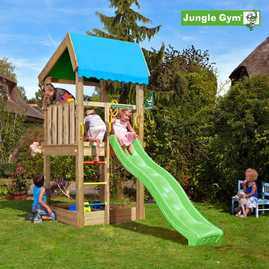 Leikkitornikokonaisuus Jungle Gym Home 2.1 ja vihreä liukumäki