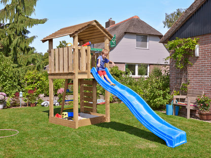 Leikkitorni Jungle Gym Cottage 2.1, sininen liukumäki ja 120 kg hiekkaa