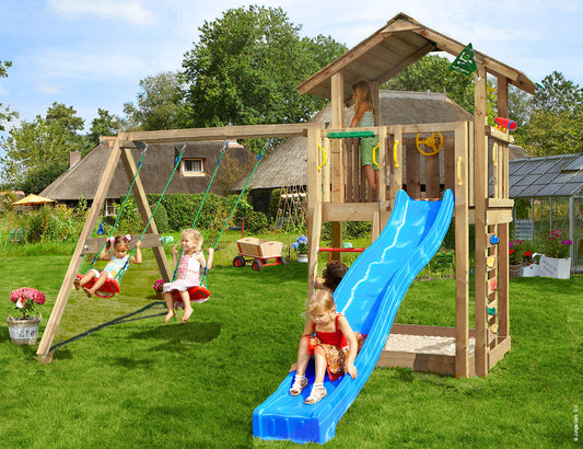Leikkitorni Jungle Gym Chalet 2.1 ja 2-Swing Module 220 ja vihreä liukumäki