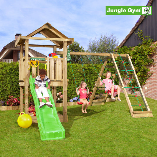 Leikkitornikokonaisuus Jungle Gym House 2.1 ja 2-Climb Module 220 ja vihreä liukumäki