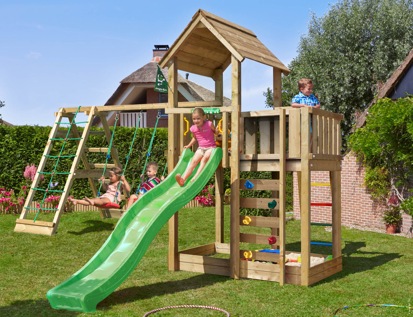Leikkitorni Jungle Gym Mansion 2.1 ja 2-Climb Module 220, vihreä liukumäki ja 120 kg hiekkaa
