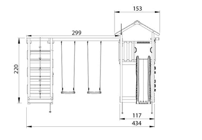Leikkitorni Jungle Gym Cottage 2.1, ja 2-Climb Module 220, vihreä liukumäki ja 120 kg hiekkaa