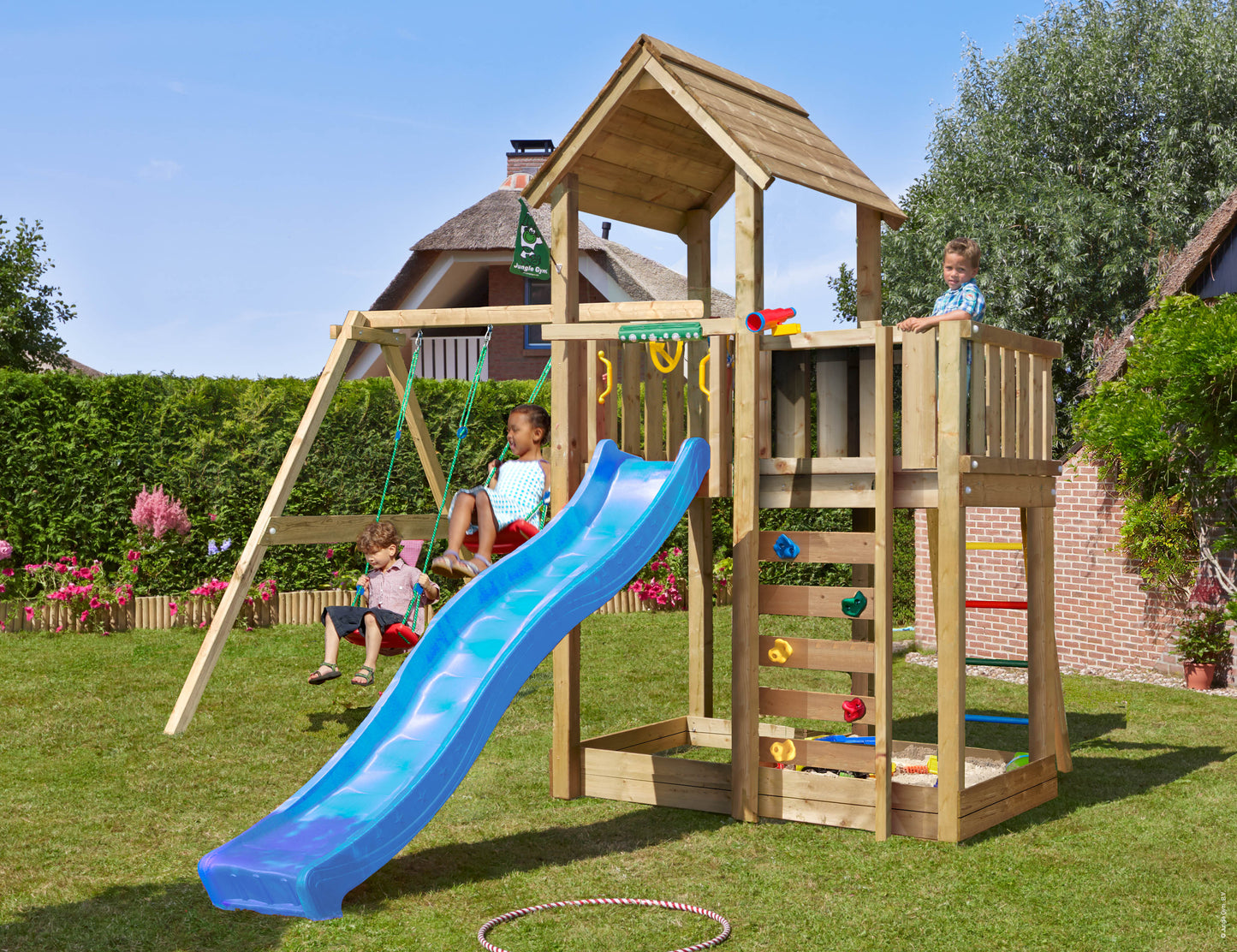 Leikkitorni Jungle Gym Mansion 2.1 ja 2-Swing Module 220 ja sininen liukumäki