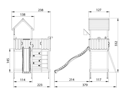 Leikkitorni Jungle Gym Mansion 2.1, sininen liukumäki ja 120 kg hiekkaa