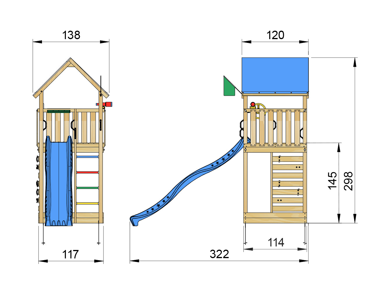 Leikkitorni Jungle Gym Lodge 2.1 ja sininen liukumäki