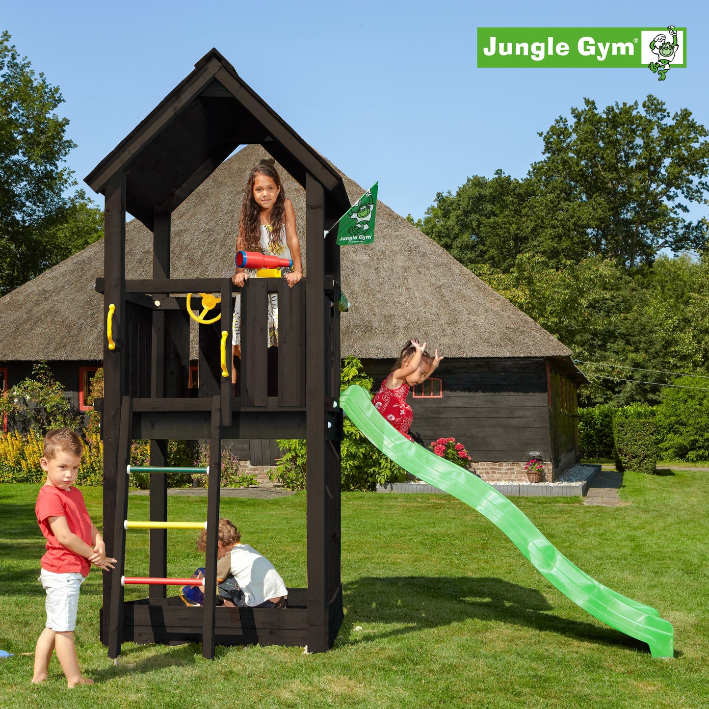 Leikkitornikokonaisuus Jungle Gym Club 2.1, mustaksi petsattu, ilman liukumäkeä