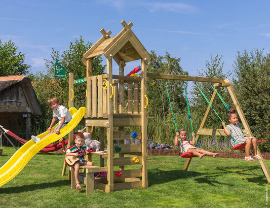 Leikkitorni Jungle Gym Teepee, 2-Swing Module 200 ja keltainen liukumäki