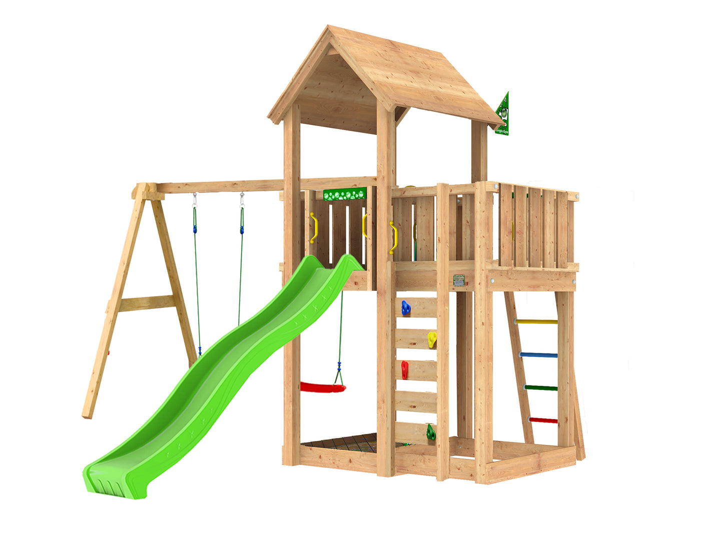 Leikkitorni Jungle Gym Mansion 2.1 ja 2-Swing Module 220, vihreä liukumäki ja 120 kg hiekkaa