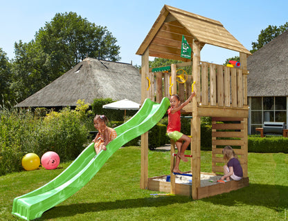 Leikkitorni Jungle Gym Cabin 2.1 ja vihreä liukumäki ja 120 kg hiekkaa
