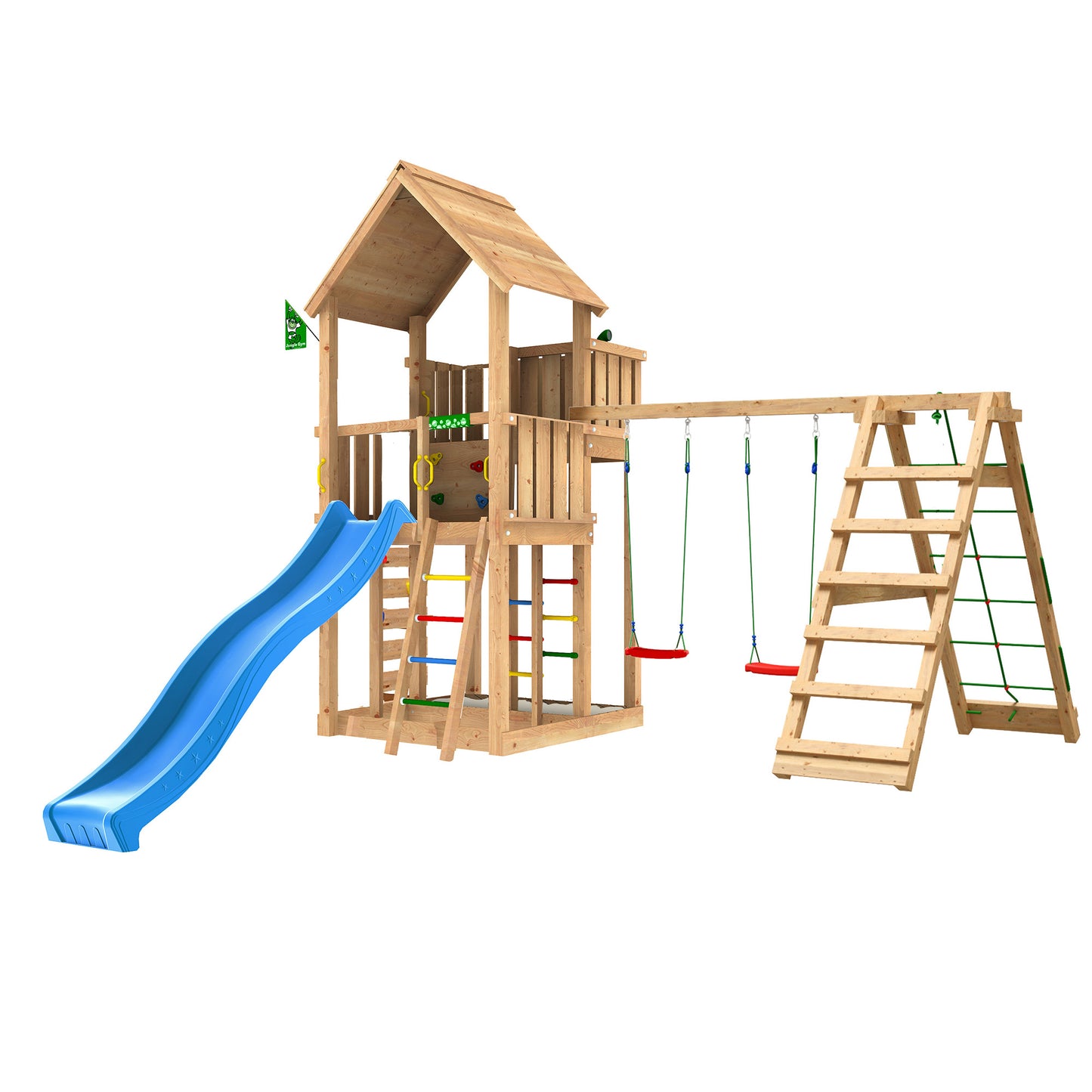 Leikkitorni Jungle Gym Palace 2.1, 2-Climb Module 220, sininen liukumäki ja 120 kg hiekkaa